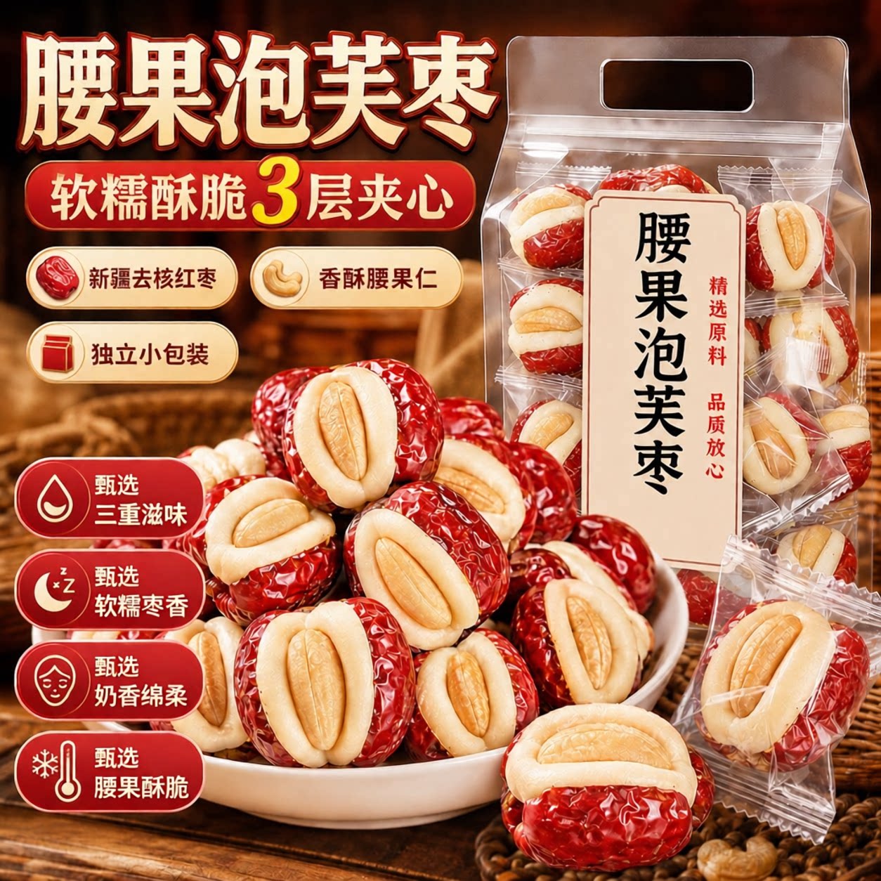新疆和田腰果奶芙泡枣夹心即食图片