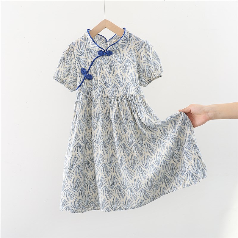 清凉人棉女童夏季碎花连衣裙中大童棉绸旗袍裙女孩透气单层薄裙子