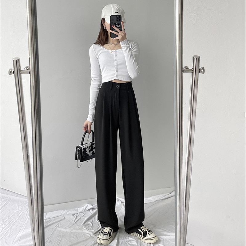 白色阔腿西装裤女春秋高腰垂坠感2021新款夏薄款直筒拖地休闲裤子