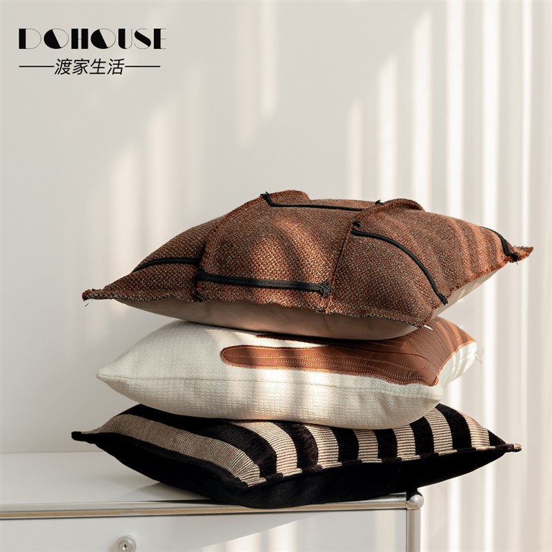 中古风样板间设计师沙发客厅抱枕复古条纹靠垫雅丹色羊毛混纺靠包