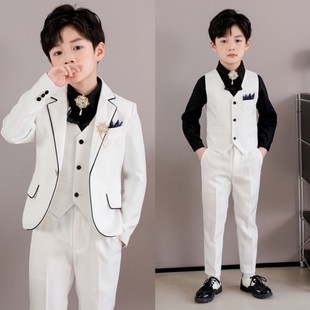 男童黑色条纹小西装儿童礼服马甲三件套2024新款英伦花童西服套装