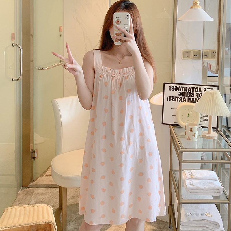 夏天粗吊带睡裙女可外穿睡衣女夏棉绸薄款甜美可爱宽松大码家居服