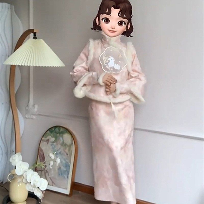 大码高级感新中式国风改良旗袍立领连衣裙胖mm马甲女秋冬复古套装