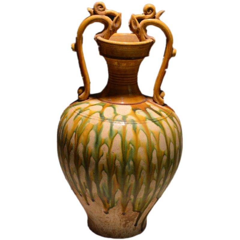 复古摆件唐三彩双龙瓶陶瓷花瓶中式玄关客厅电视柜装饰品新年礼品