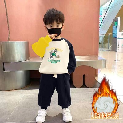 冬季男童纯棉加绒加厚插肩卡通长袖卫衣儿童宝宝保暖休闲两件套装