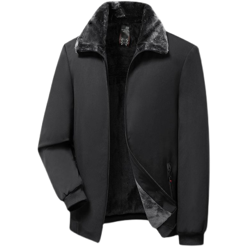 高档爸爸装翻领夹克男中老年大红色加绒加厚保暖外套冬季男士棉衣