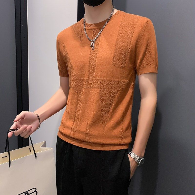 白色针织短袖男款秋季西装内搭白色高级感T恤圆领提花毛衣打底衫