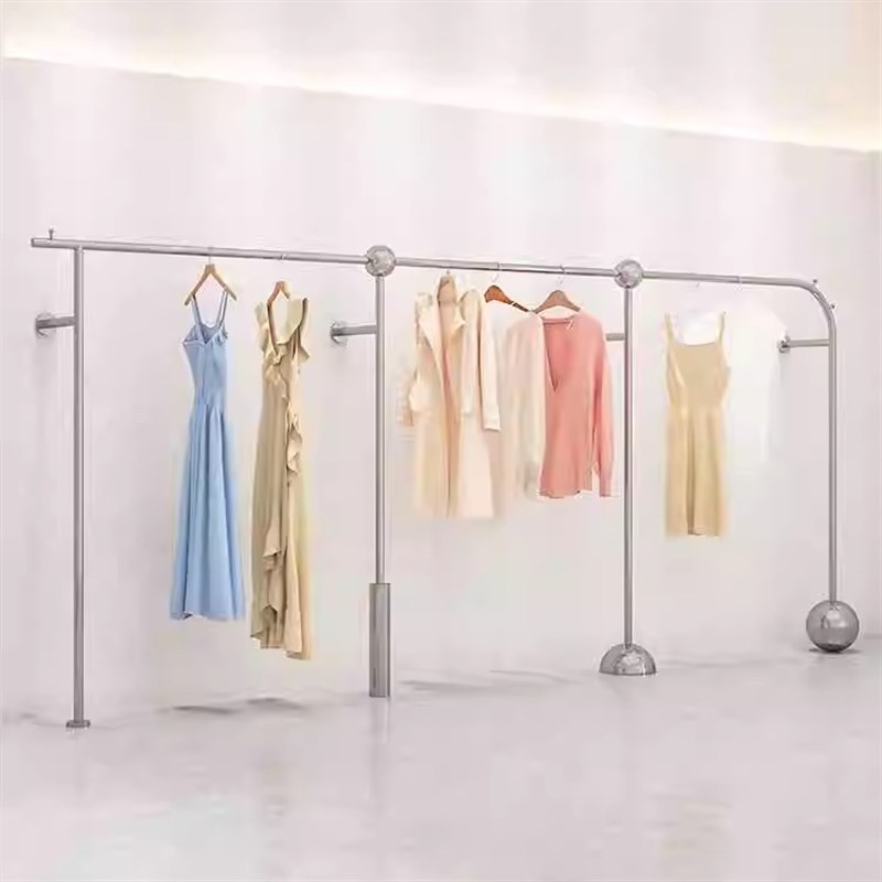 服装店展示架童装挂衣架女装不锈钢拉丝壁挂式圆球轻奢上墙挂衣杆