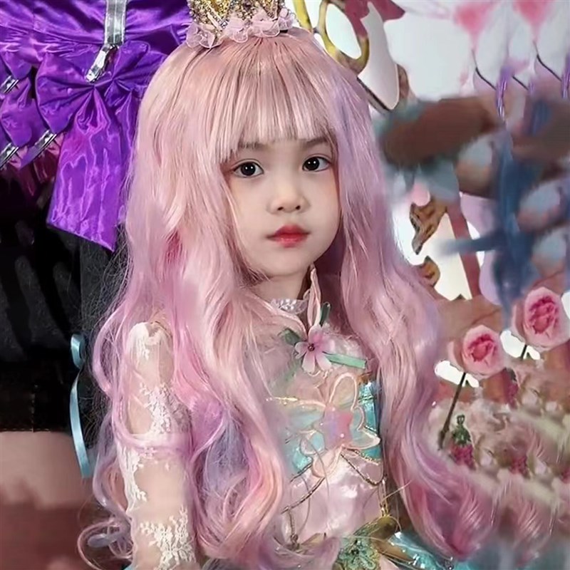 六一儿童假发女孩cos小魔仙长卷发粉色人鱼空气刘海二次元全头套