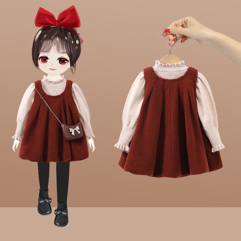 女童套装秋冬季2024新款冬装加绒宝宝毛呢背带裙儿童连衣裙两件套