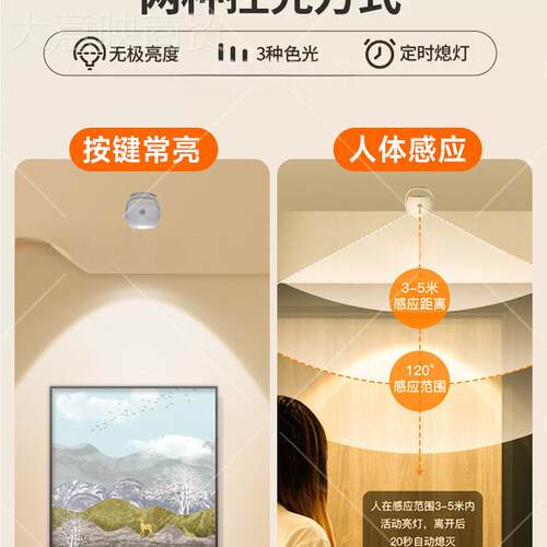 免打孔感充灯墙面应免接线卧室氛围壁灯电入GUT户射门客厅玄关画
