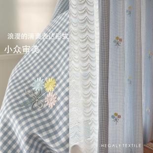刺绣小花束小蓝格子可爱复古浪漫窗帘门帘隔断儿童房卧室 HEGALY
