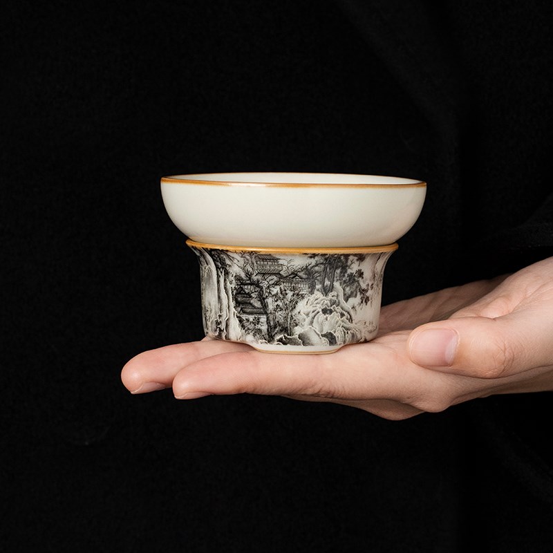 汝窑水墨山水茶漏茶滤组茶叶过滤网G家用高档茶水分离器茶具配件