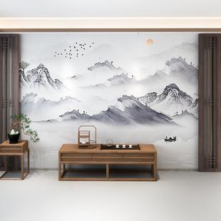 客厅电视背景墙壁纸抽象壁画现代水墨山水墙纸沙发茶室墙布 3d中式