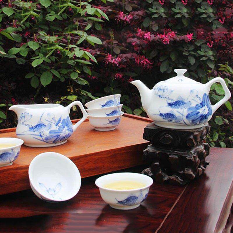 红叶陶瓷 高档手绘釉下彩青花功夫茶具套装莲贵图景德镇高白瓷