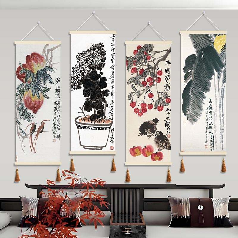 齐白石新款装饰画新中式卧室玄关茶室挂画水墨画静物水果菊花挂画图片