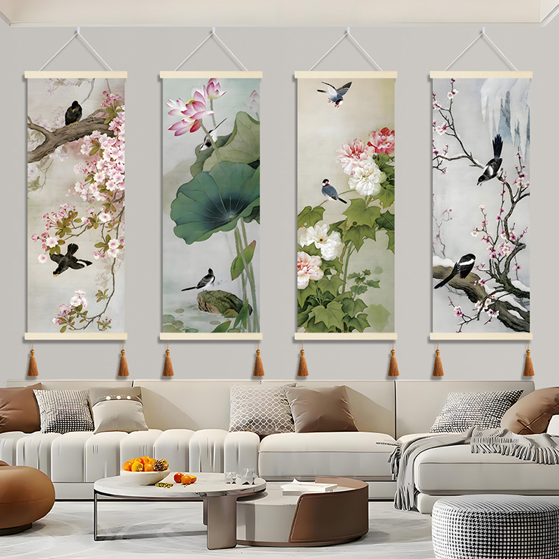 梅花荷花风景画居家客厅挂画复古
