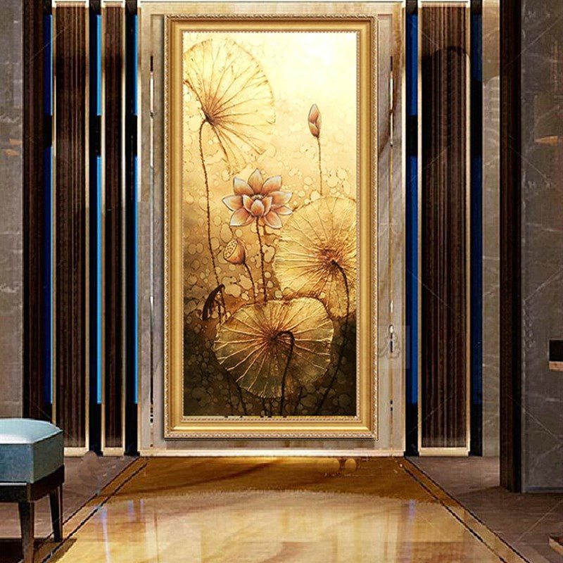 玄关装饰画东南亚油画p抽象手绘中式荷花走廊过道挂画泰式风格壁图片