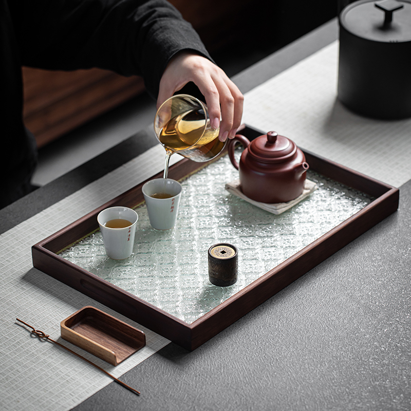黑胡桃木b托盘家用长方形实木茶盘钢化玻璃早餐茶点木盘水果盘客