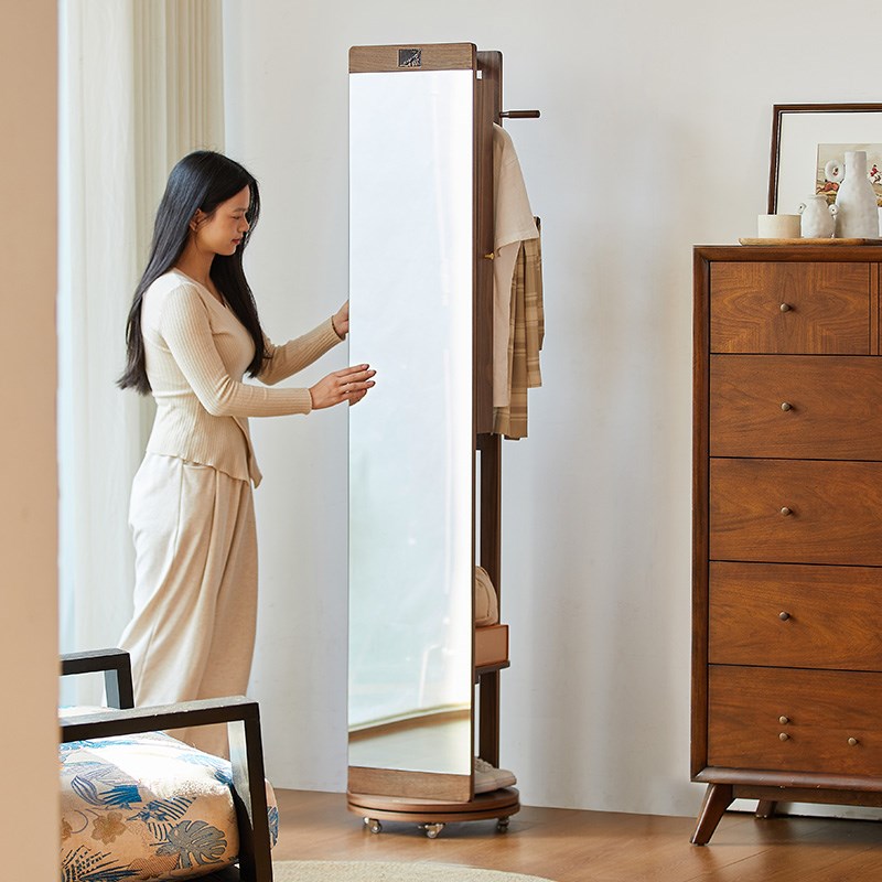 实木落地衣帽f架带镜子一体多功能置物架卧室家用全身试衣镜穿衣