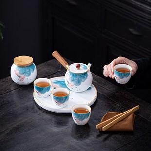 手绘侧把壶花蕾便携n式 备功夫茶具套 茶具套装 家用随身户外露营装