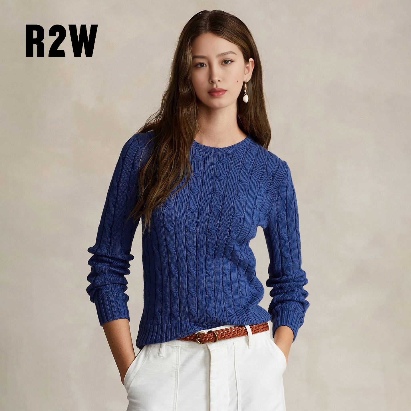R2W美式纯棉线绞花套头针织衫