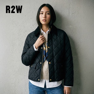 R2W复古菱格棉服女藏青色灯芯绒翻领短款 外套轻薄棉衣 巴恩风猎装