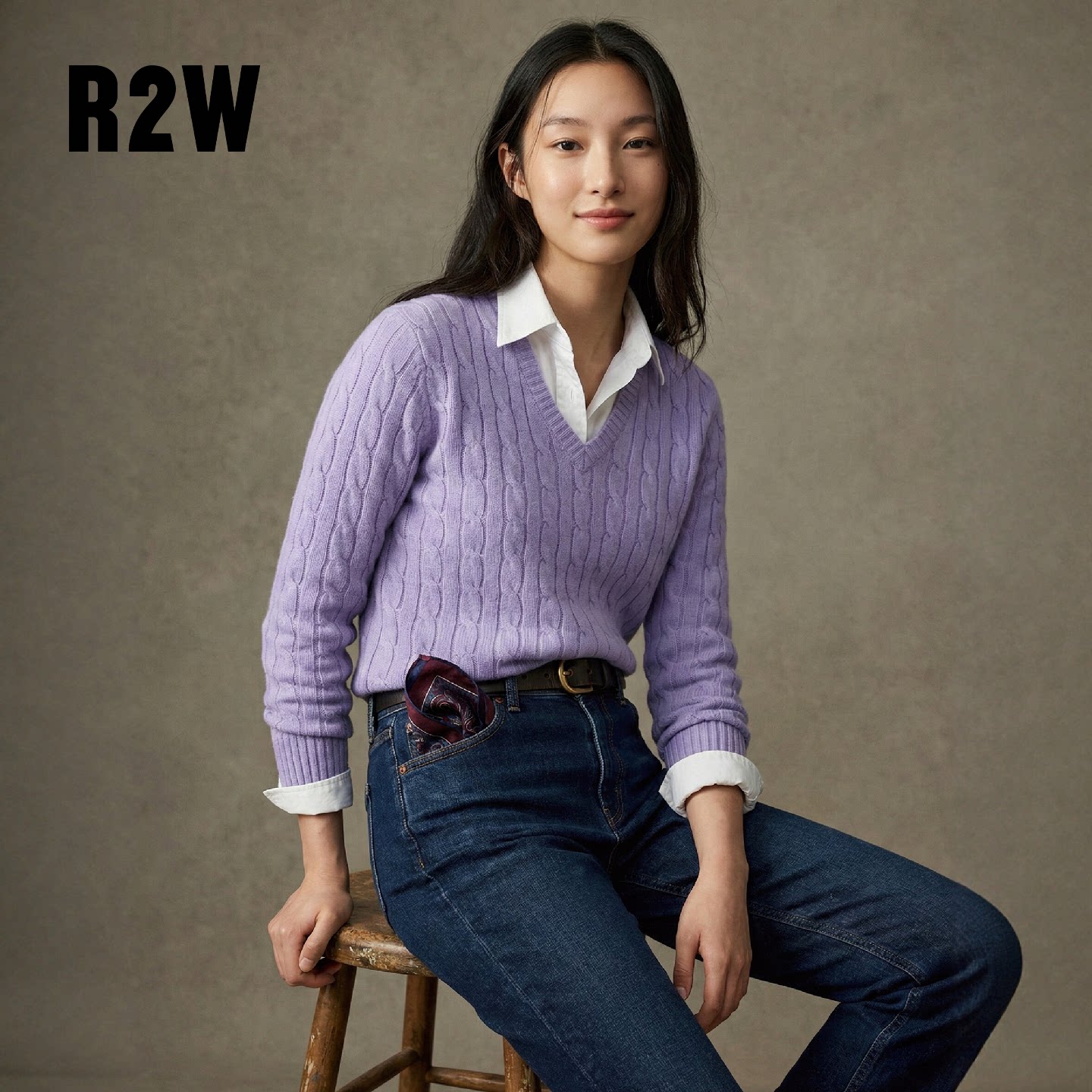 R2W美式复古绞花羊毛针织衫v领麻花毛衣女秋冬羊绒毛衫修身上衣