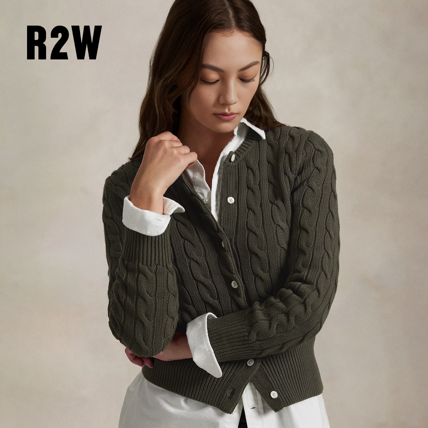 R2W美式纯棉线绞花针织衫开衫