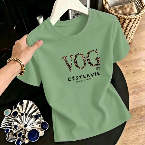 短袖T恤美式豹纹 VOG 字母时尚百搭背心夏季圆领显瘦休闲半袖上衣