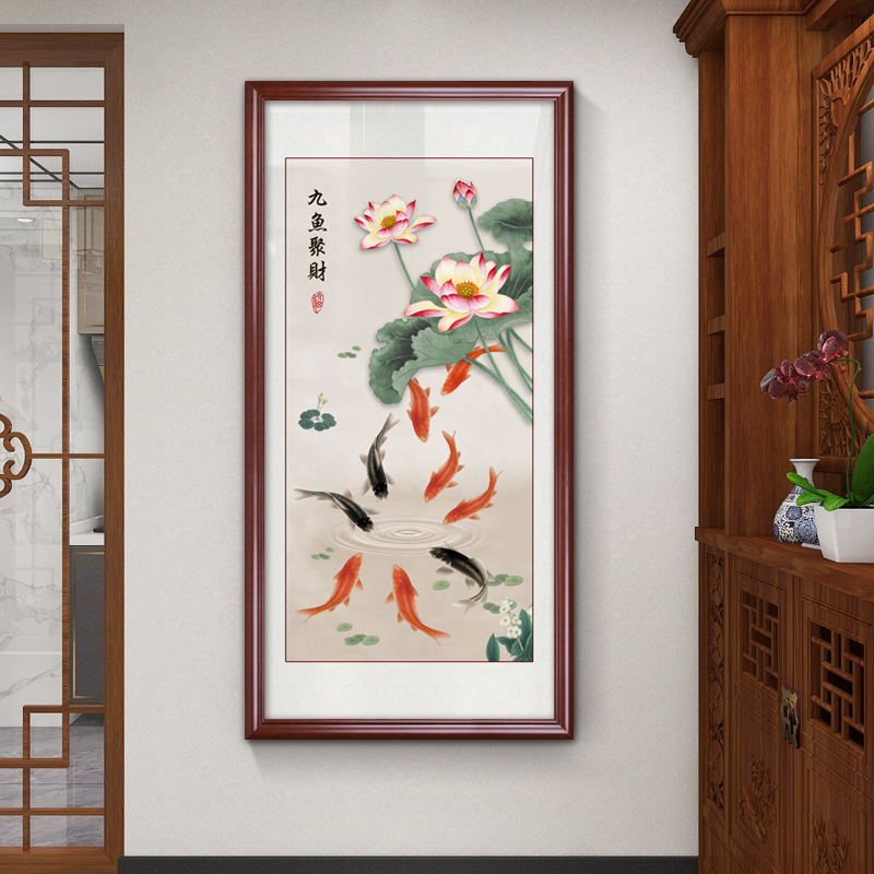 九鱼聚财图入户玄关装饰画新中式纯手绘走廊过道壁画荷花国画挂画图片