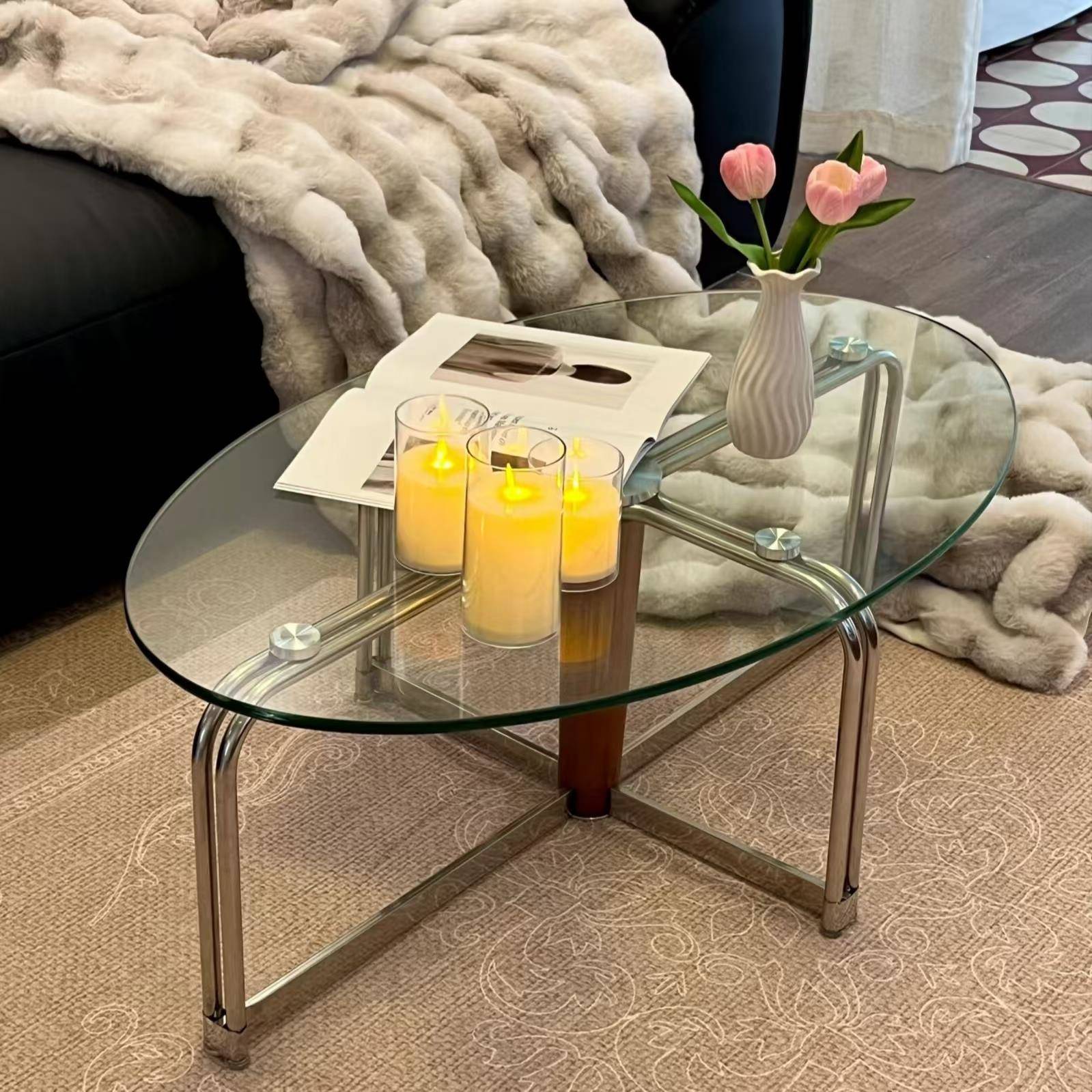 需定制北欧覆古椭圆形茶几客厅家用不锈钢钢化玻璃极简约现代小户