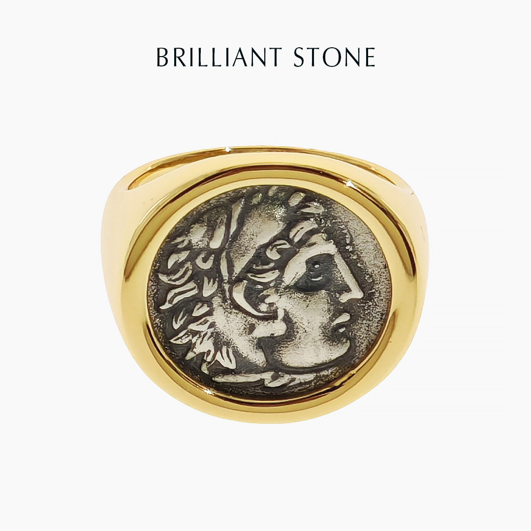 Brilliant Stone925纯银金色大力神古币戒指希腊神话设计感复古