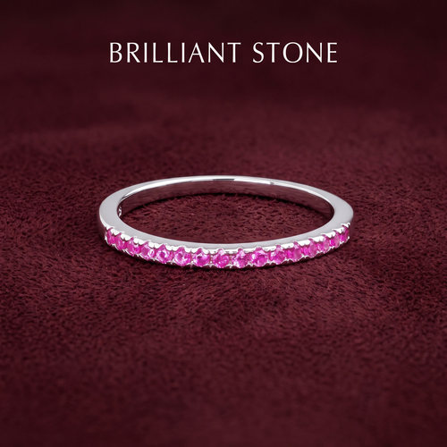 Brilliant Stone 925纯银红宝石色粉钻指环玫红色半圈尾戒叠戴女