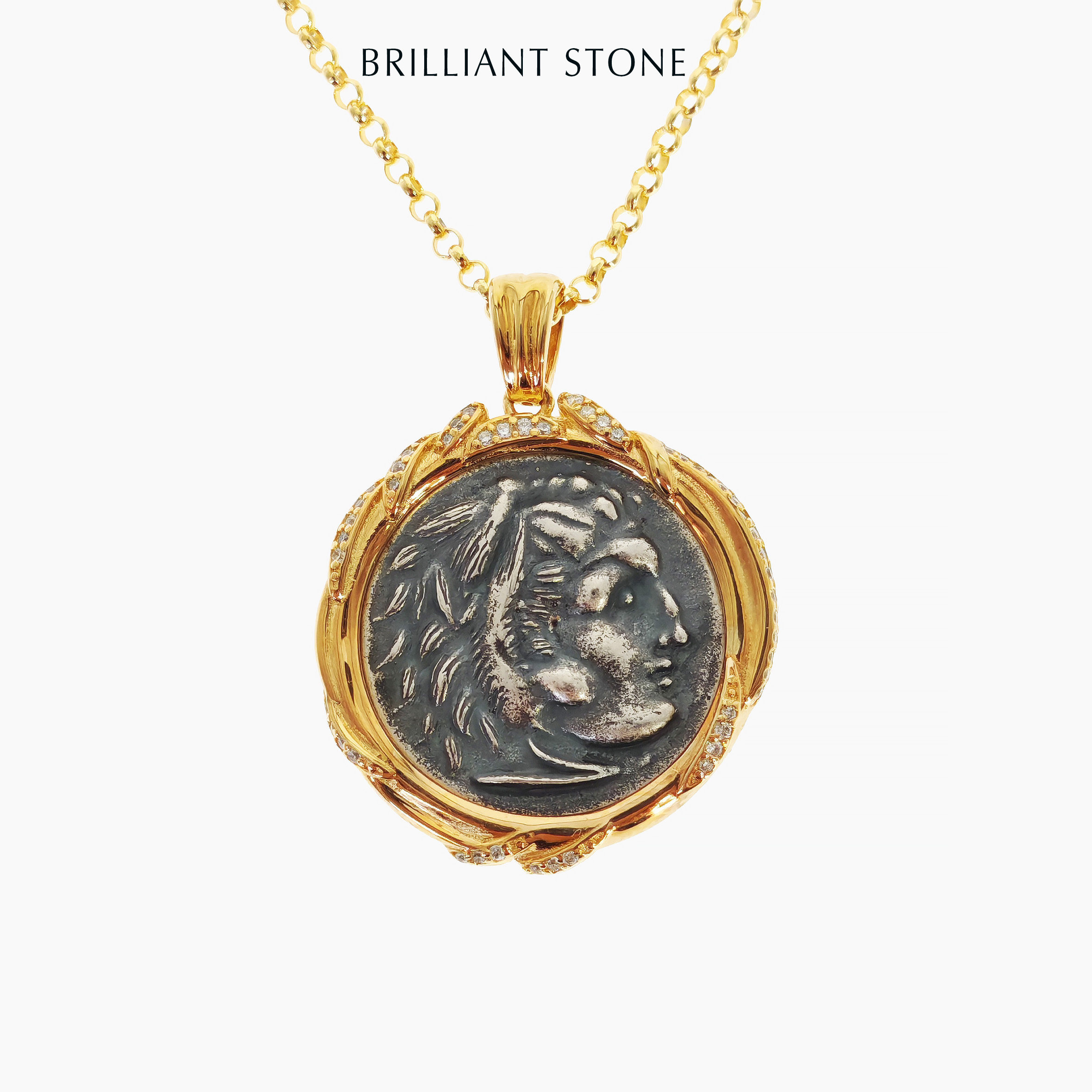 Brilliant Stone大力神古币吊坠925纯银文艺复兴金色轻奢长项链