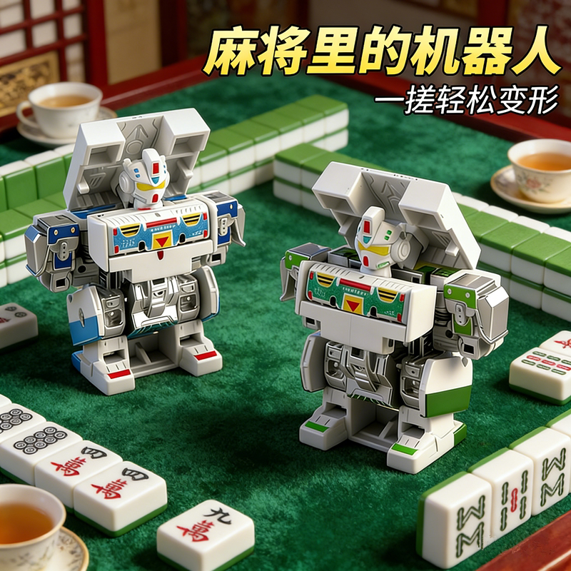 麻将拼装变形机甲红中发财机器人国潮玩雪糕可变形钥匙扣挂件玩具