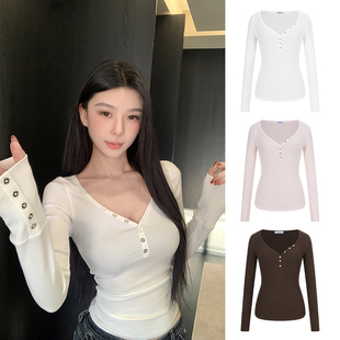 收腰显瘦上衣 内搭打底衫 MosesQueen魔西女王白色v领长袖 t恤女春季