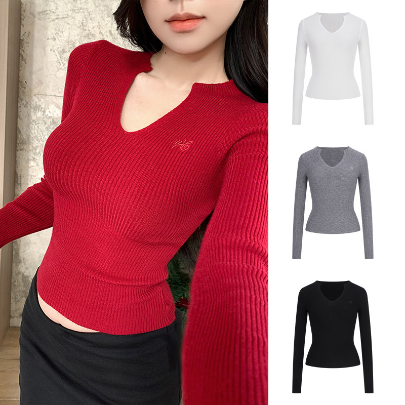 MosesQueen魔西女王红色v领针织衫内搭毛衣修身显瘦短款长袖上衣