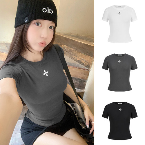 灰色印花短袖t恤修身短款上衣女