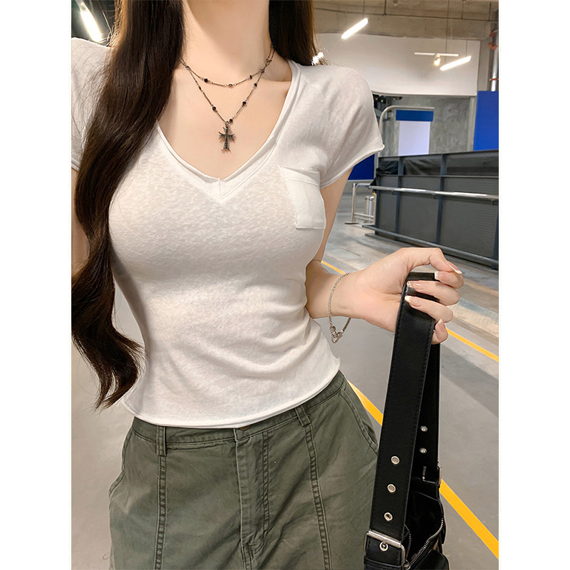 MosesQueen魔西女王白色卷边v领短袖t恤薄款微透口袋修身短款上衣