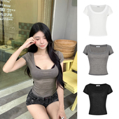 薄款 MosesQueen魔西女王纯欲微透大U领正肩短袖 t恤女夏季 显瘦上衣