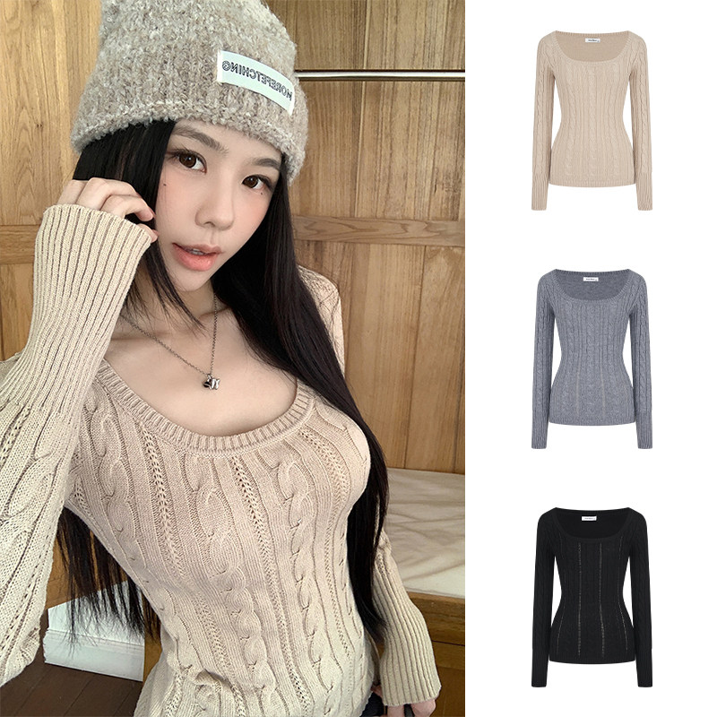 MosesQueen魔西女王方领麻花毛衣秋冬内搭打底衫修身显瘦针织上衣