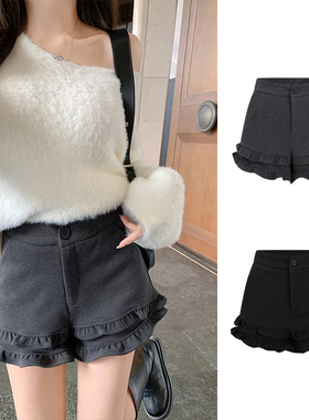 MosesQueen魔西女王灰色木耳边毛呢短裤秋冬加厚辣妹外穿a字靴裤