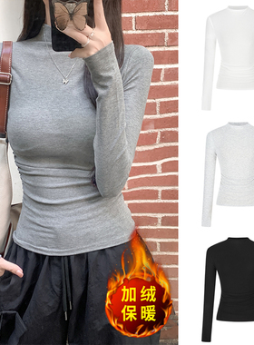 MosesQueen魔西女王灰色半高领打底衫女春秋内搭修身长袖t恤上衣