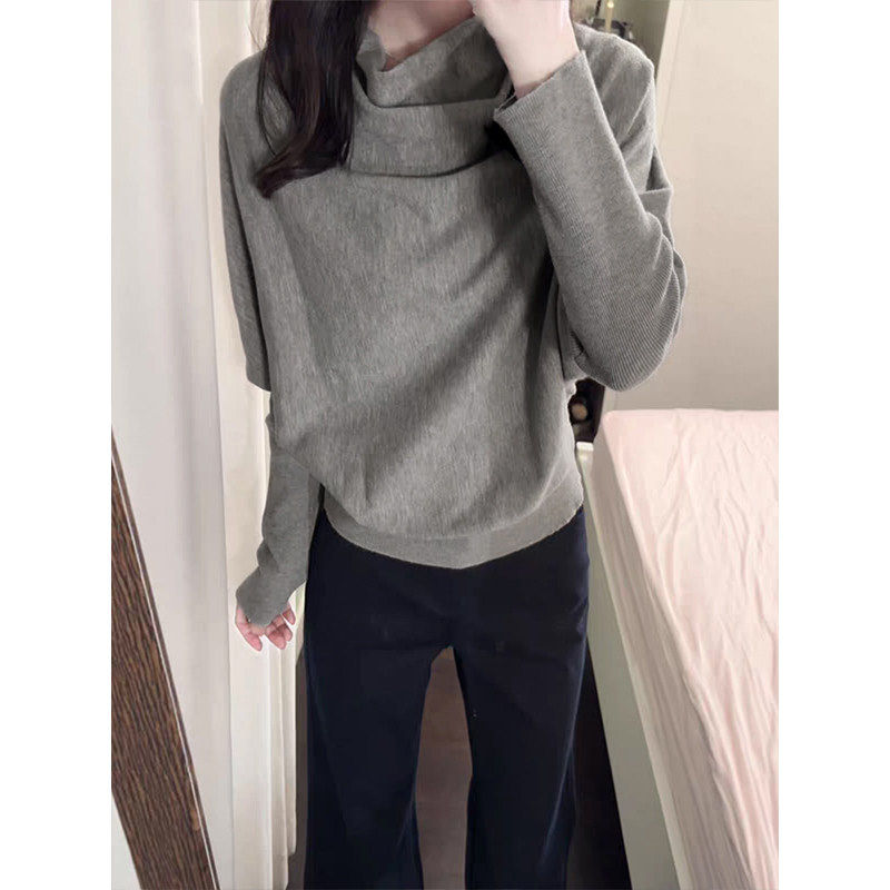 MosesQueen魔西女王灰色半高领蝙蝠袖套头毛衣秋冬宽松针织衫上衣