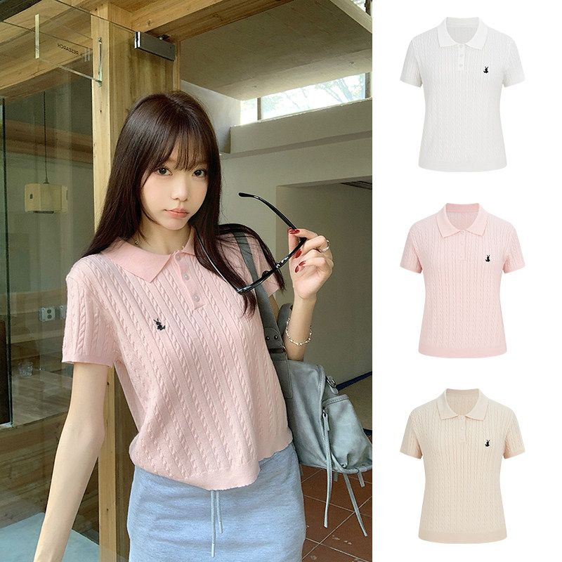 MosesQueen魔西女王粉色刺绣翻领麻花针织短袖t恤polo领正肩上衣