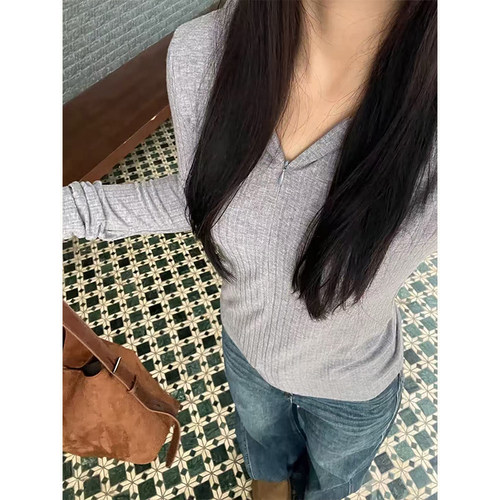 拉链连帽长袖t恤修身显瘦上衣女
