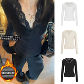 长袖 MosesQueen魔西女王加绒加厚蕾丝v领打底衫 女内搭修身 t恤上衣