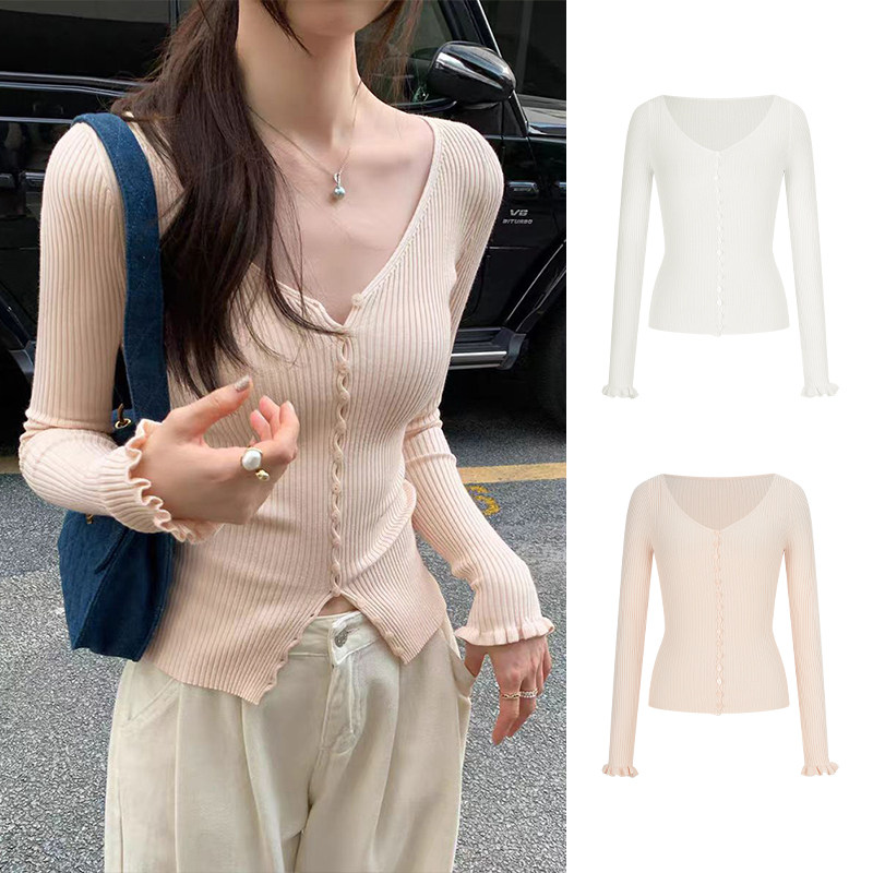 MosesQueen魔西女王粉色木耳边v领针织开衫春季内搭修身长袖上衣,女装/女士精品,毛针织衫,淘宝优惠券,粉丝福利购,淘宝优惠卷