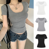 t恤女夏季 新款 修身 MosesQueen魔西女王大U领正肩短袖 显瘦短款 上衣